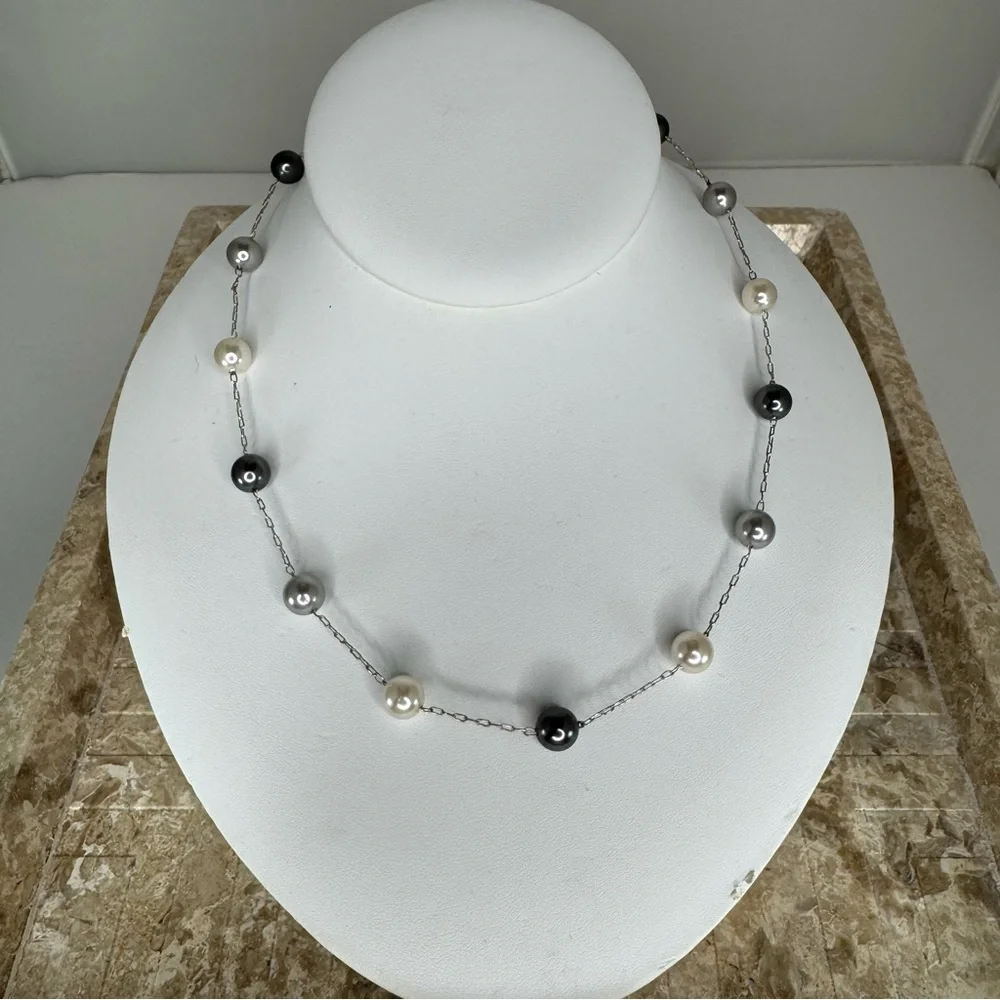 Vintage RMN delicate Faux Pearl Necklace 16 inches Silver Chain